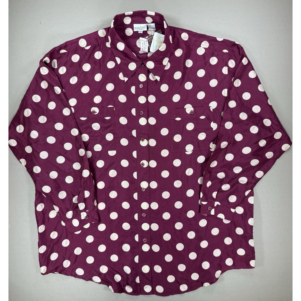 Newport News Top Women's 2XL Purple White Polka Dot Long Sleeve Silk New Vintage